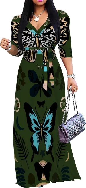 Boho Dress Summer Dresses for Women Clothing Long Floral V Neck Half Sleeve Sundress Beach Party Weeding