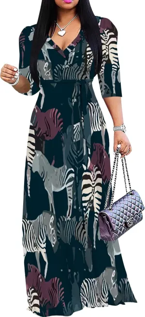 Boho Dress Summer Dresses for Women Clothing Long Floral V Neck Half Sleeve Sundress Beach Party Weeding
