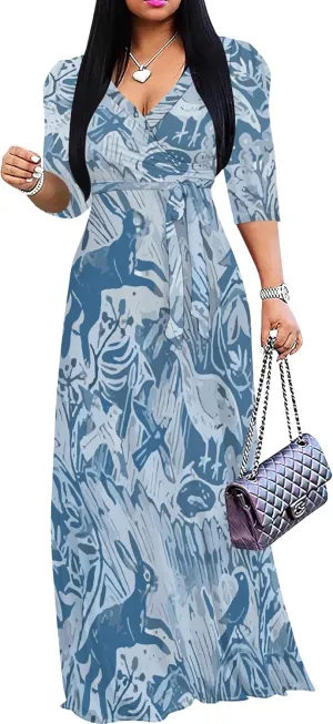 Boho Dress Summer Dresses for Women Clothing Long Floral V Neck Half Sleeve Sundress Beach Party Weeding