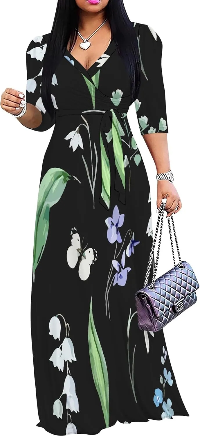 Boho Dress Summer Dresses for Women Clothing Long Floral V Neck Half Sleeve Sundress Beach Party Weeding