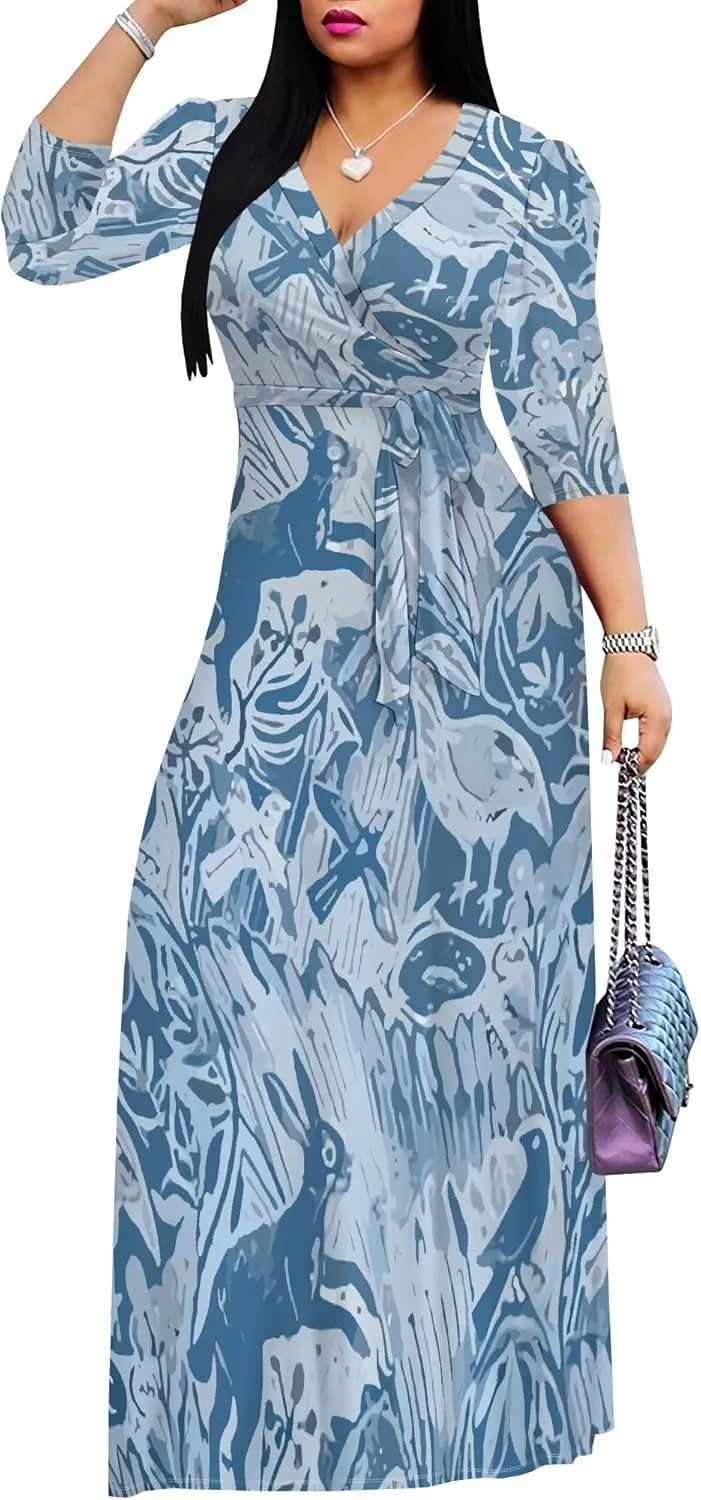 Boho Dress Summer Dresses for Women Clothing Long Floral V Neck Half Sleeve Sundress Beach Party Weeding