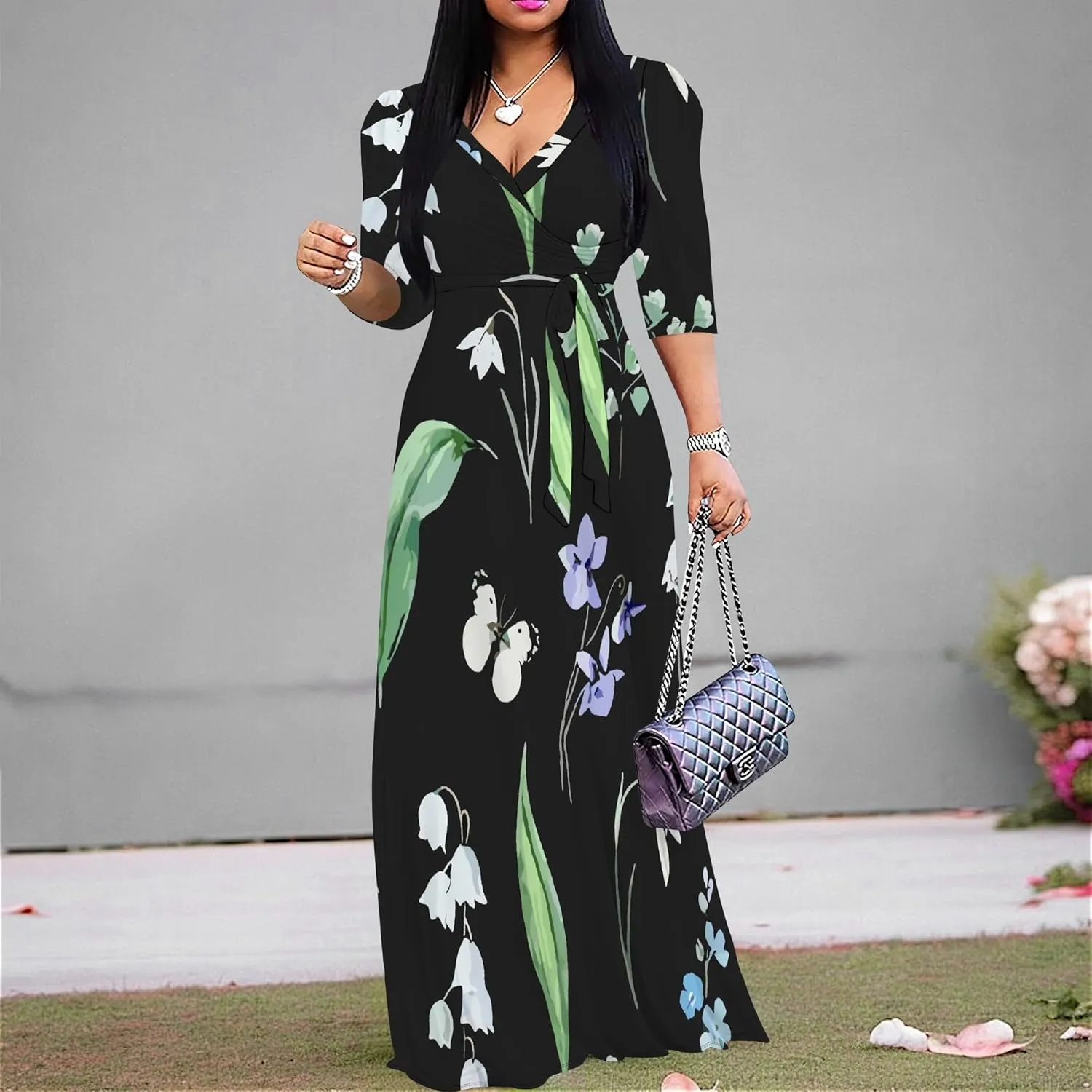 Boho Dress Summer Dresses for Women Clothing Long Floral V Neck Half Sleeve Sundress Beach Party Weeding