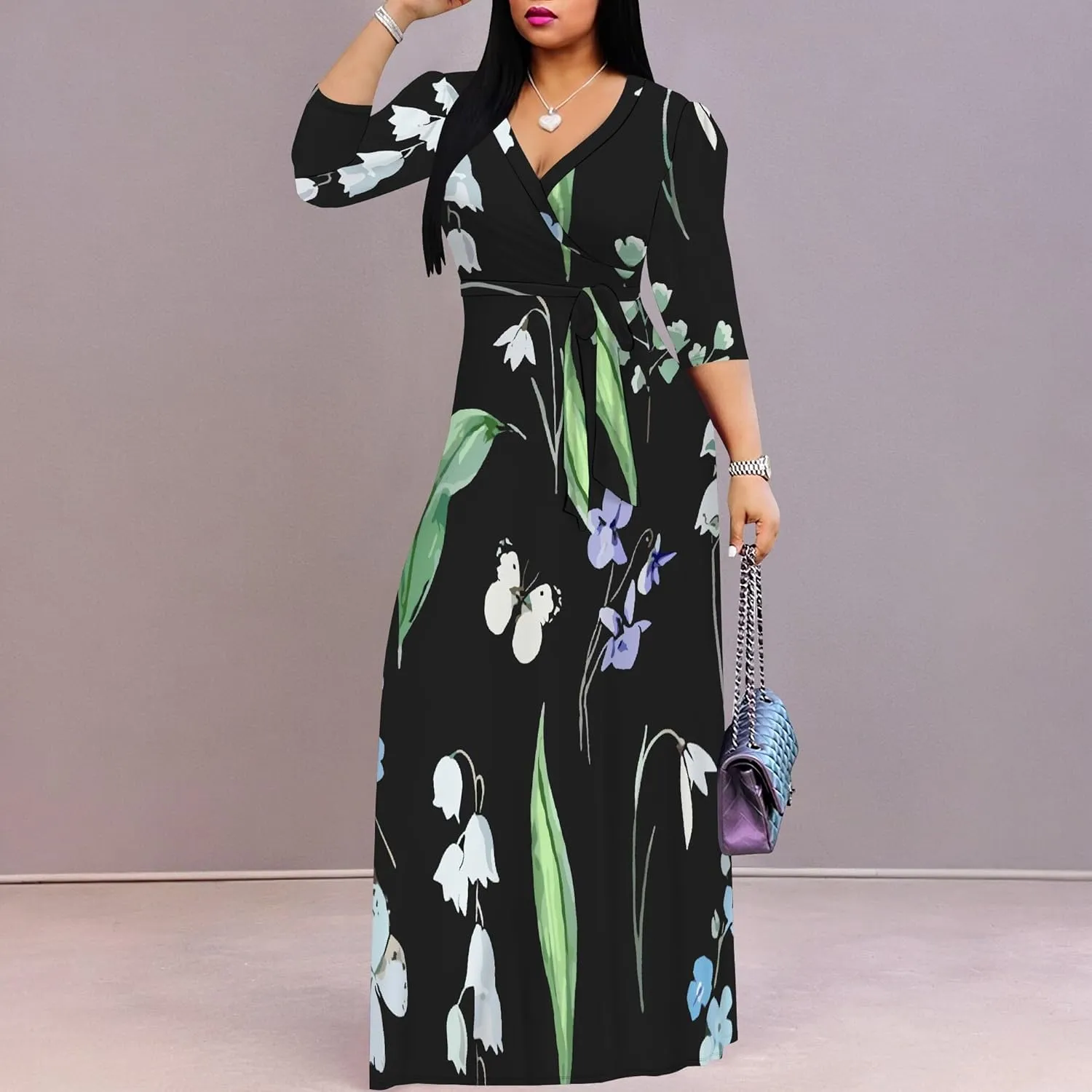 Boho Dress Summer Dresses for Women Clothing Long Floral V Neck Half Sleeve Sundress Beach Party Weeding