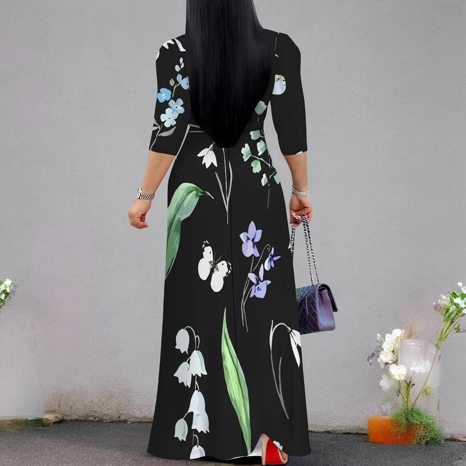 Boho Dress Summer Dresses for Women Clothing Long Floral V Neck Half Sleeve Sundress Beach Party Weeding
