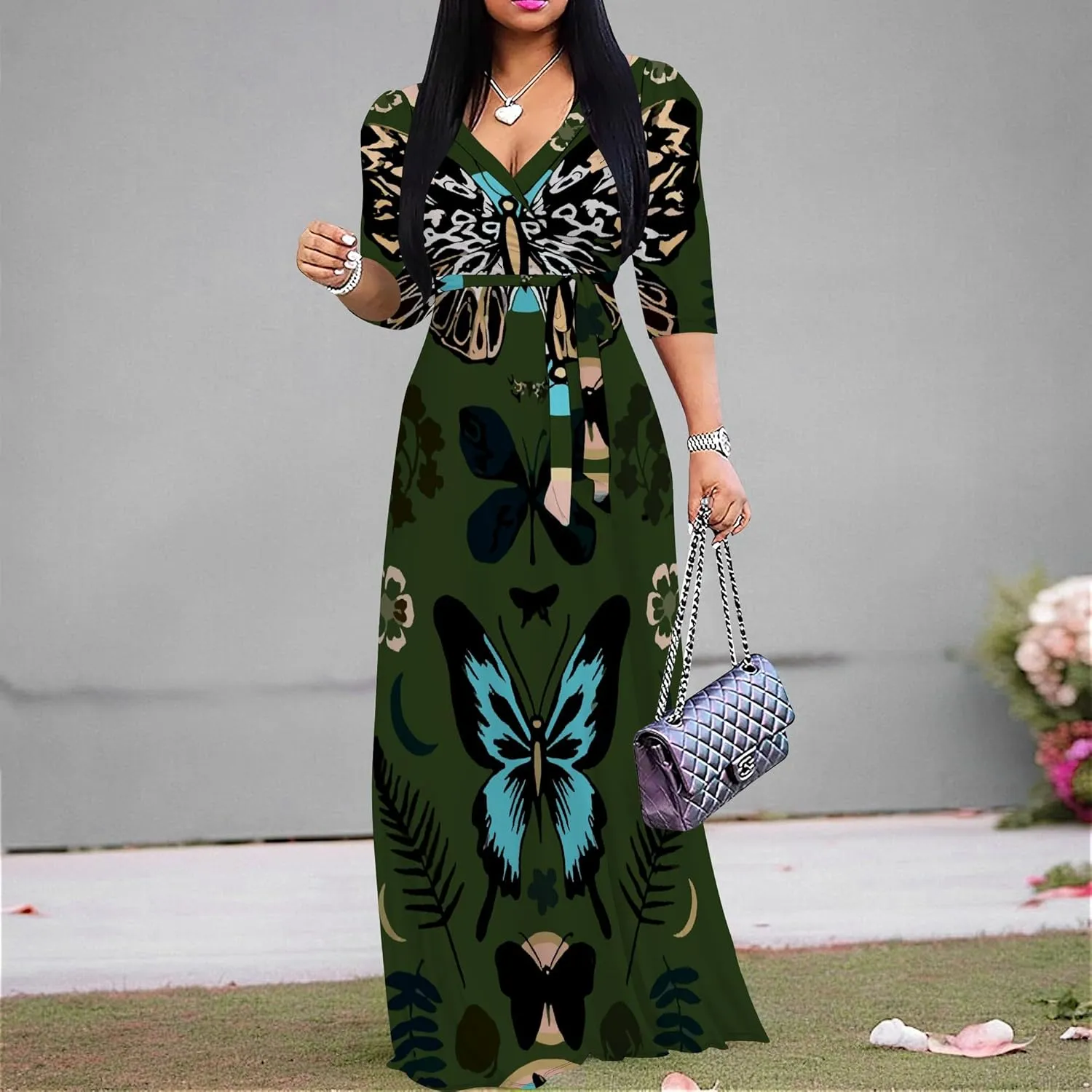 Boho Dress Summer Dresses for Women Clothing Long Floral V Neck Half Sleeve Sundress Beach Party Weeding