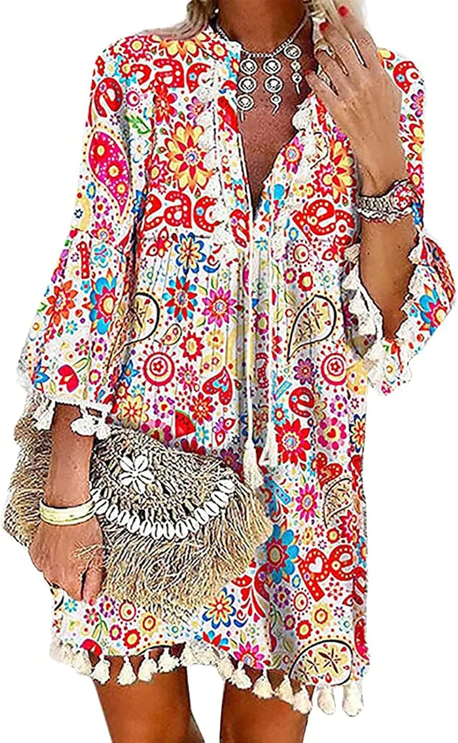 Boho Dresses for Women,2024 Summer Trendy Floral Print Beach Dress,Casual Loose V Neck 3/4 Sleeve Mini Vacation Dress