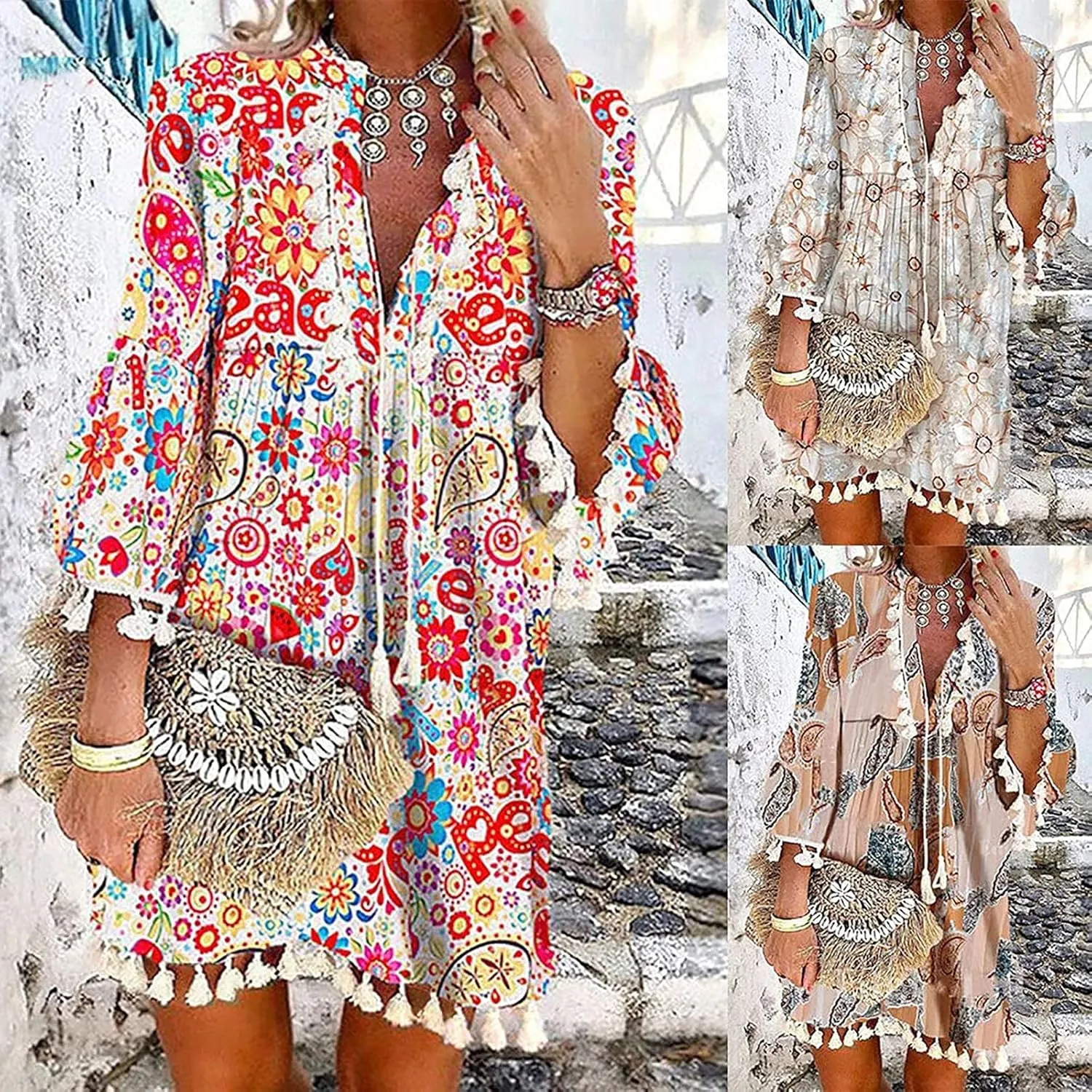 Boho Dresses for Women,2024 Summer Trendy Floral Print Beach Dress,Casual Loose V Neck 3/4 Sleeve Mini Vacation Dress