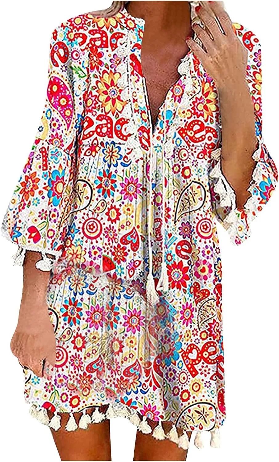Boho Dresses for Women,2024 Summer Trendy Floral Print Beach Dress,Casual Loose V Neck 3/4 Sleeve Mini Vacation Dress