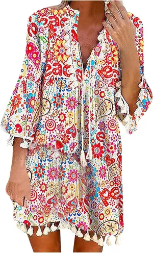 Boho Dresses for Women,2024 Summer Trendy Floral Print Beach Dress,Casual Loose V Neck 3/4 Sleeve Mini Vacation Dress