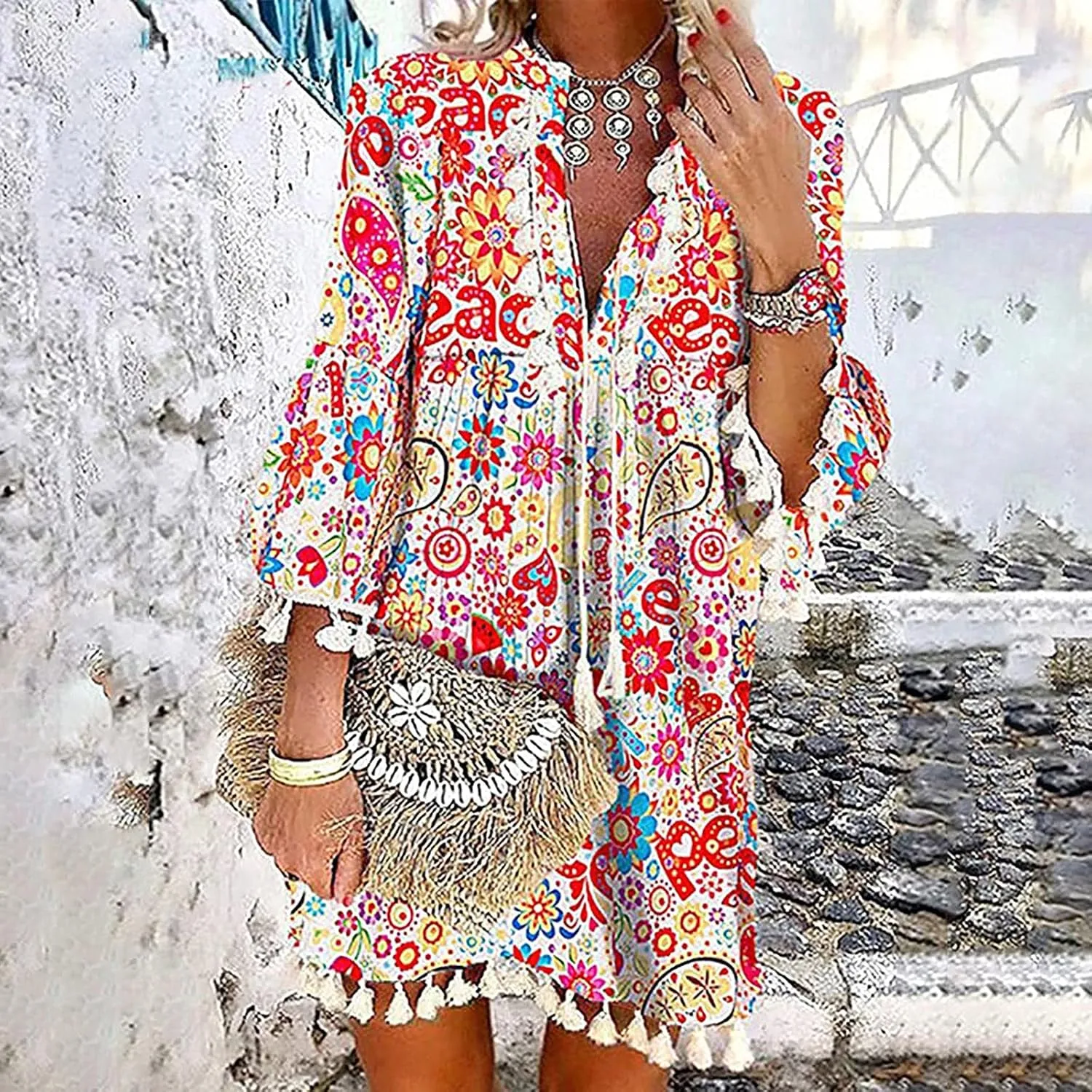 Boho Dresses for Women,2024 Summer Trendy Floral Print Beach Dress,Casual Loose V Neck 3/4 Sleeve Mini Vacation Dress