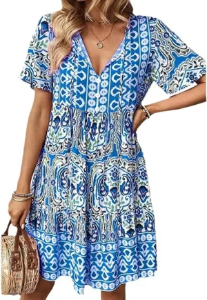 Boho Floral Flutter Short Sleeve V Neck Elegant Casual High Waist Long Dress Perfect Summer for Ladies Party Beach Sundress
