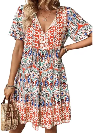 Boho Floral Flutter Short Sleeve V Neck Elegant Casual High Waist Long Dress Perfect Summer for Ladies Party Beach Sundress