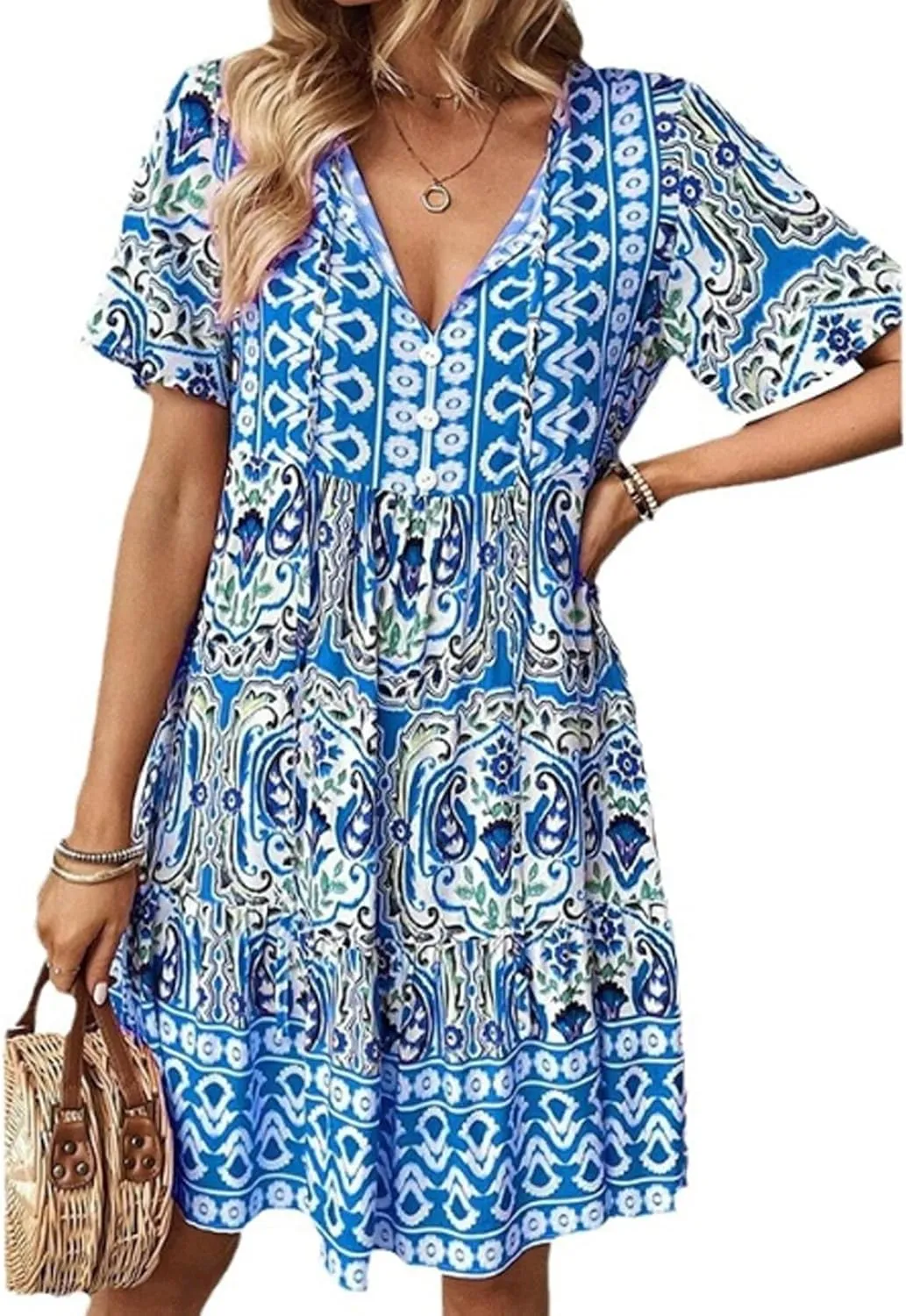 Boho Floral Flutter Short Sleeve V Neck Elegant Casual High Waist Long Dress Perfect Summer for Ladies Party Beach Sundress