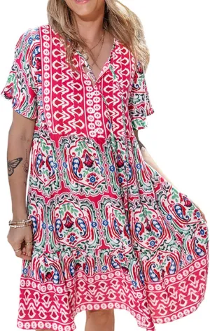 Boho Floral Flutter Short Sleeve V Neck Elegant Casual High Waist Long Dress Perfect Summer for Ladies Party Beach Sundress