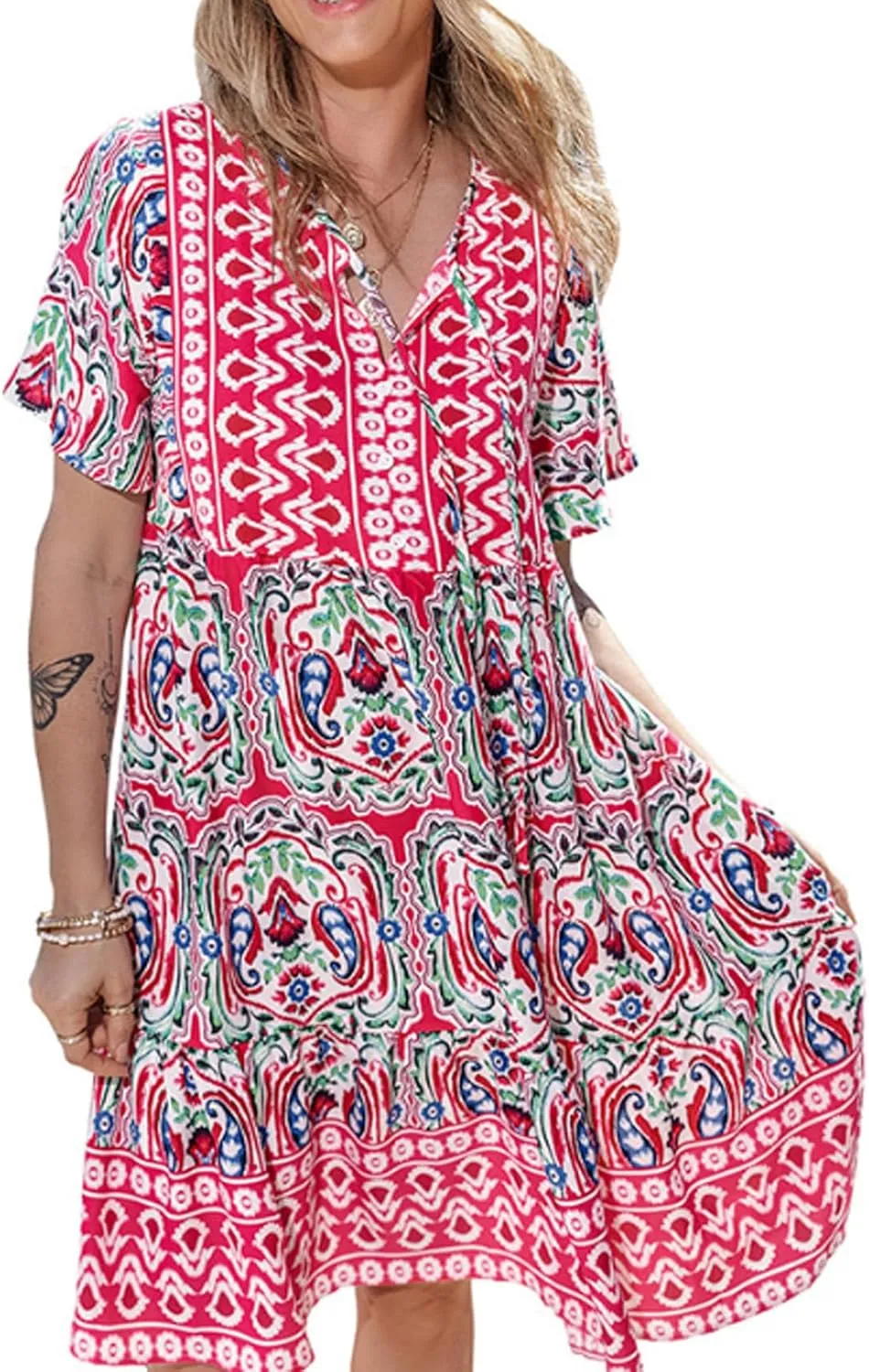 Boho Floral Flutter Short Sleeve V Neck Elegant Casual High Waist Long Dress Perfect Summer for Ladies Party Beach Sundress
