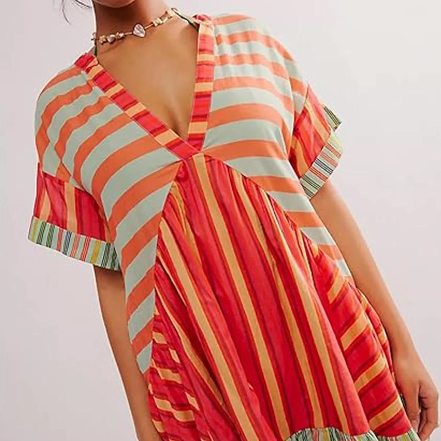 Boho Summer Dresses for Women 2024 Floral Mini Patchwork Sundress Deep V Neck Babydoll Dress Sexy Ruffle Beach Dress
