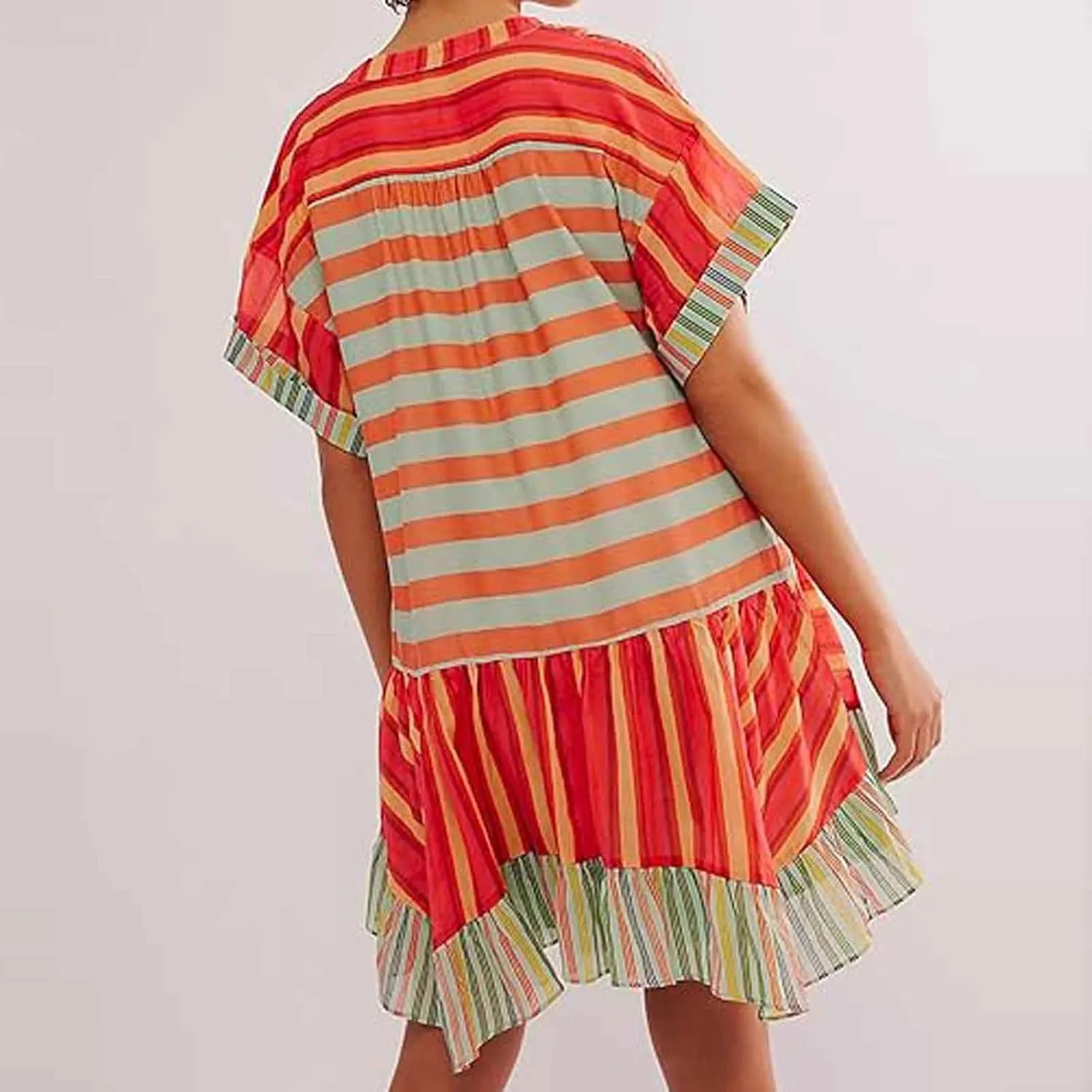 Boho Summer Dresses for Women 2024 Floral Mini Patchwork Sundress Deep V Neck Babydoll Dress Sexy Ruffle Beach Dress