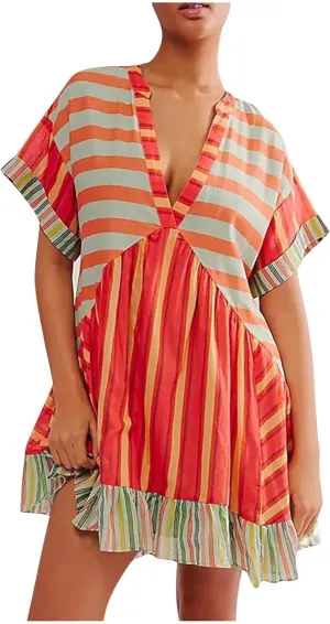 Boho Summer Dresses for Women 2024 Floral Mini Patchwork Sundress Deep V Neck Babydoll Dress Sexy Ruffle Beach Dress