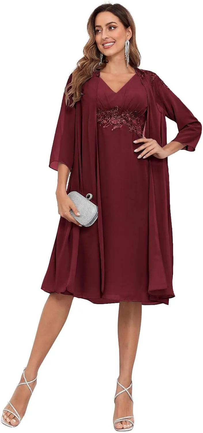 BONOYUER 2 Piece Mother of The Bride Dresses for Wedding with Jacket Lace Applique Formal Wedding Guest Dress