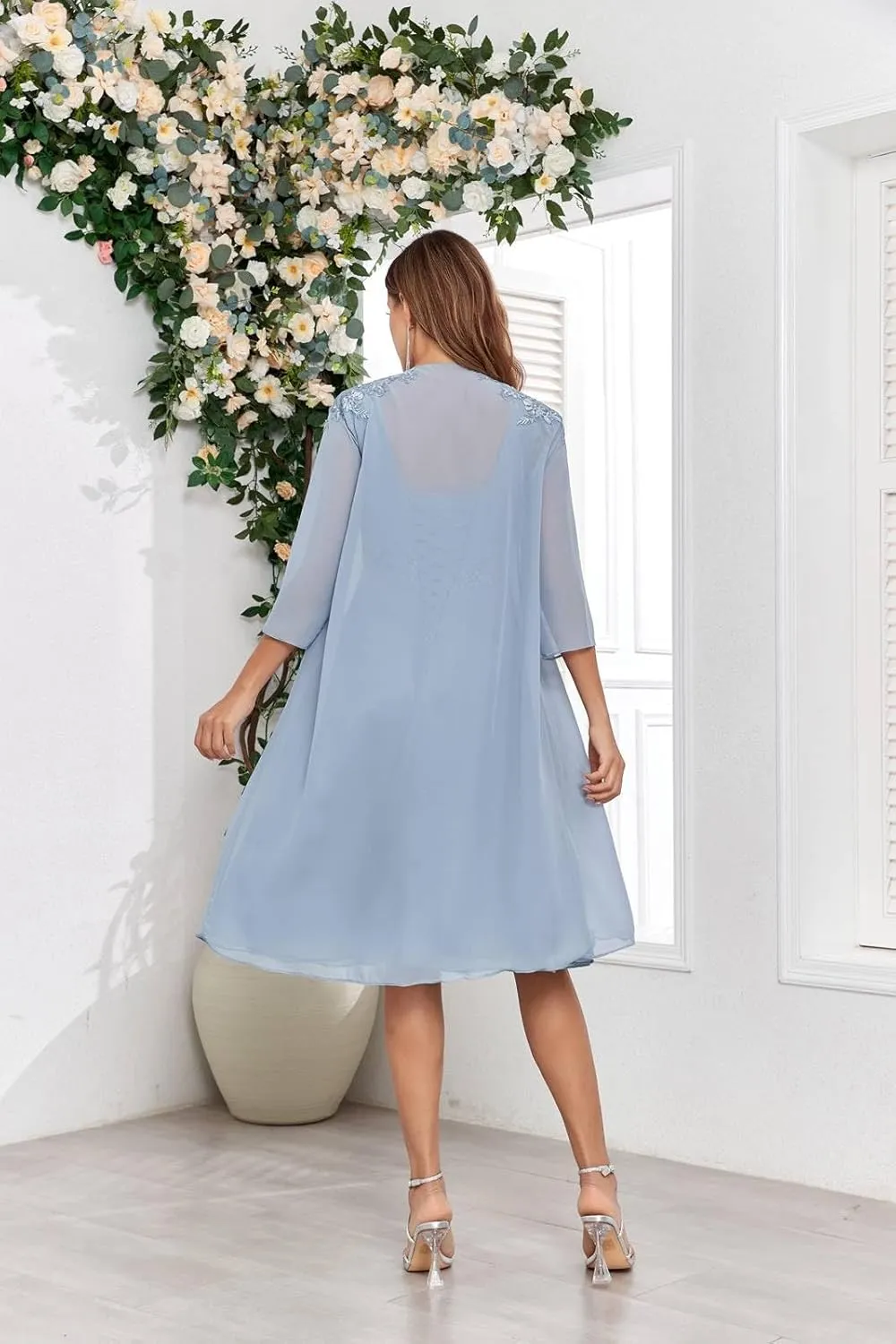 BONOYUER 2 Piece Mother of The Bride Dresses for Wedding with Jacket Lace Applique Formal Wedding Guest Dress