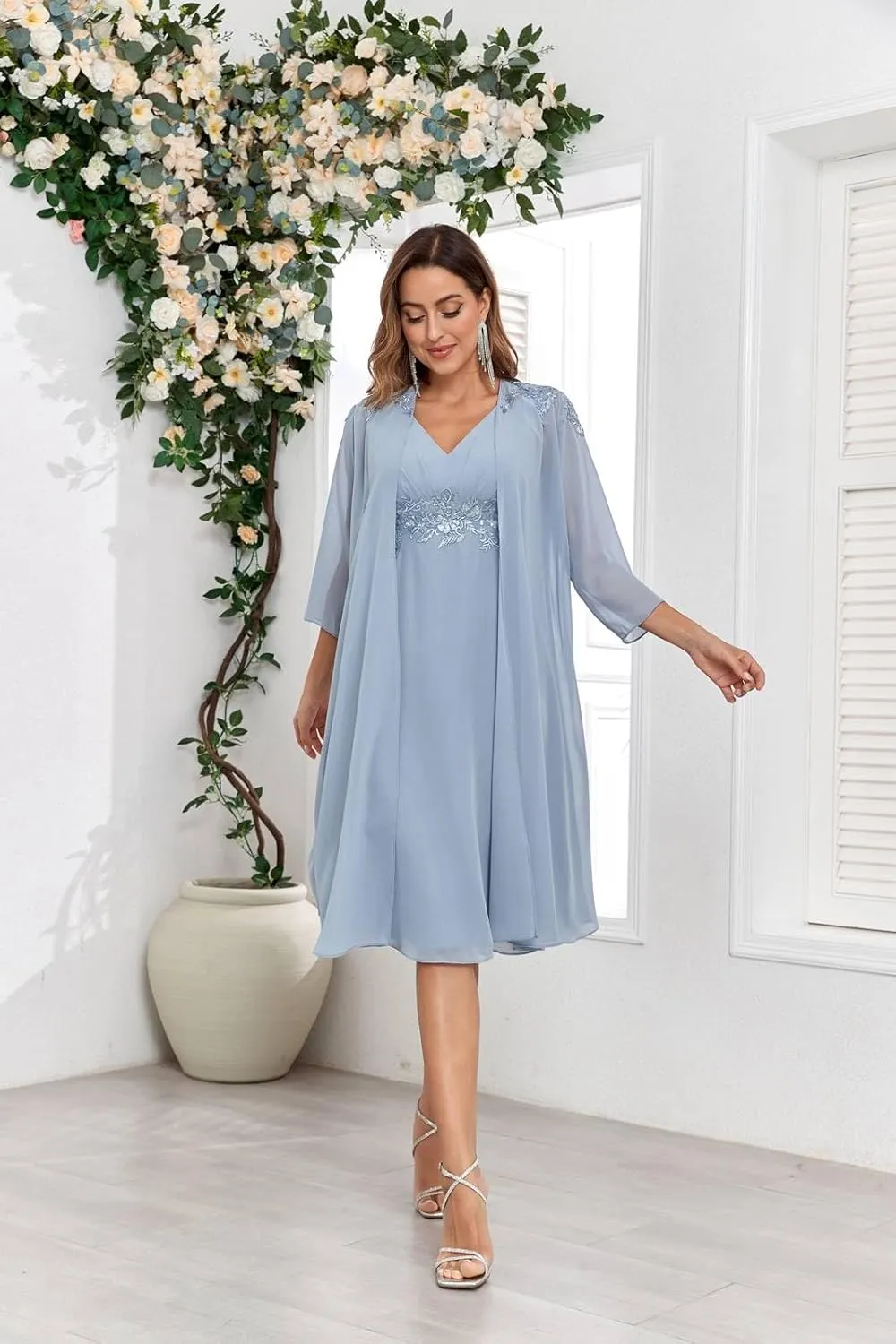 BONOYUER 2 Piece Mother of The Bride Dresses for Wedding with Jacket Lace Applique Formal Wedding Guest Dress