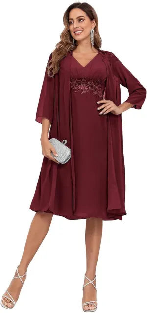 BONOYUER 2 Piece Mother of The Bride Dresses for Wedding with Jacket Lace Applique Formal Wedding Guest Dress