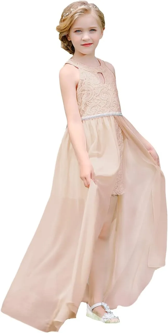 Bow Dream Chiffon Junior Bridesmaid Dresses Girls Wedding Party Rhinestone Maxi Long Evening Gown Dance Wear