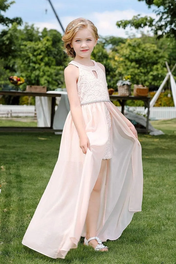 Bow Dream Chiffon Junior Bridesmaid Dresses Girls Wedding Party Rhinestone Maxi Long Evening Gown Dance Wear