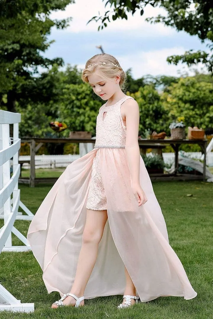 Bow Dream Chiffon Junior Bridesmaid Dresses Girls Wedding Party Rhinestone Maxi Long Evening Gown Dance Wear