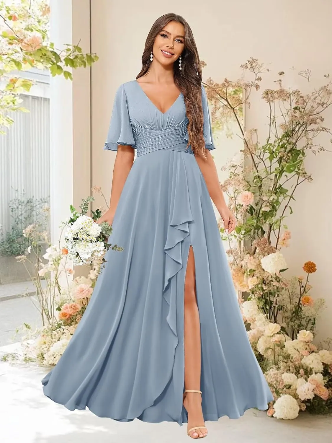 Bridesmaid Dress for Women Short Sleeve V-Neck Wedding Guest Gowns with Slit Pockets