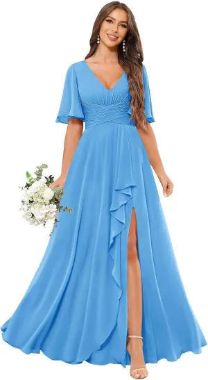 Bridesmaid Dress for Women Short Sleeve V-Neck Wedding Guest Gowns with Slit Pockets
