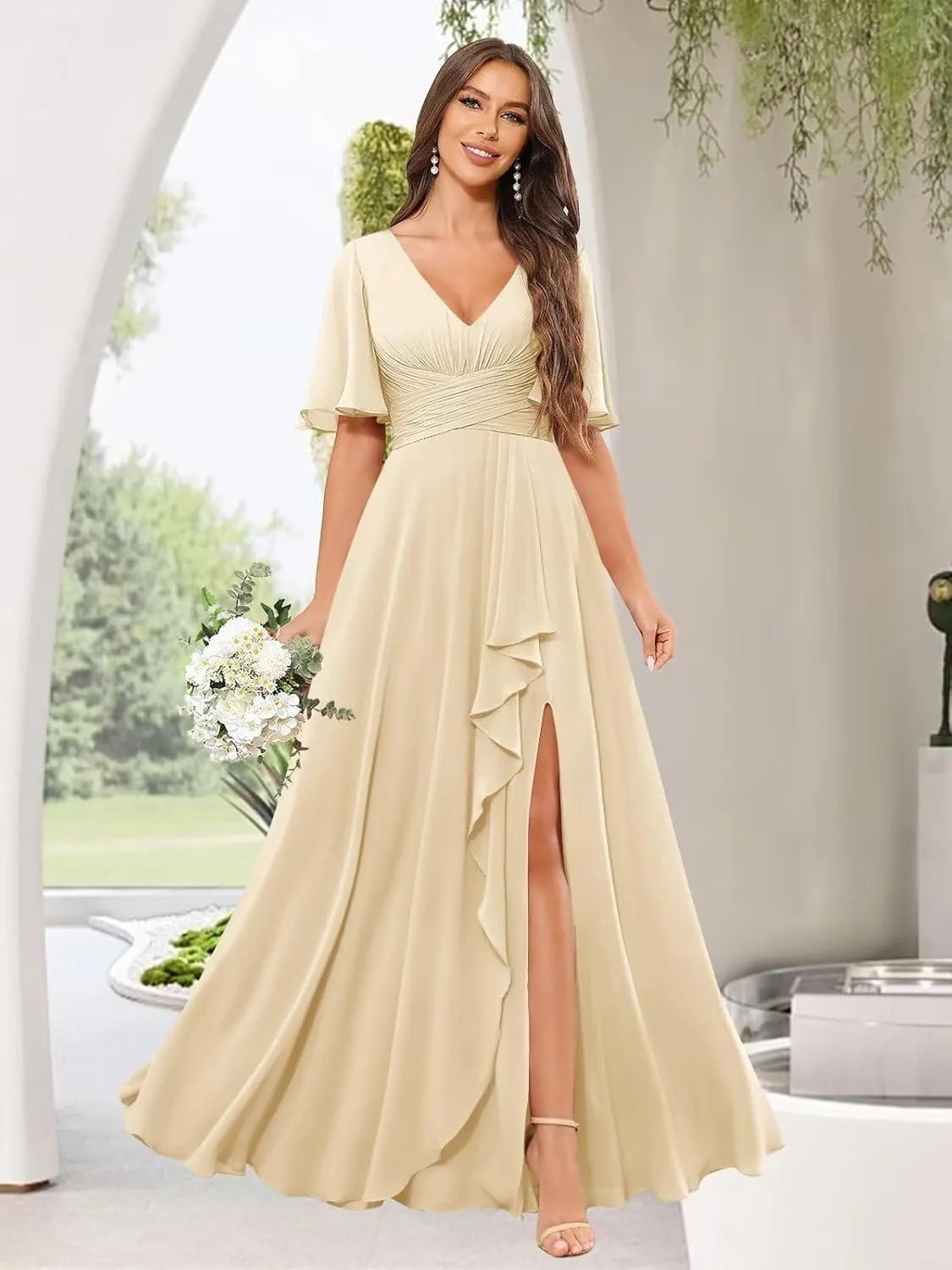 Bridesmaid Dress for Women Short Sleeve V-Neck Wedding Guest Gowns with Slit Pockets