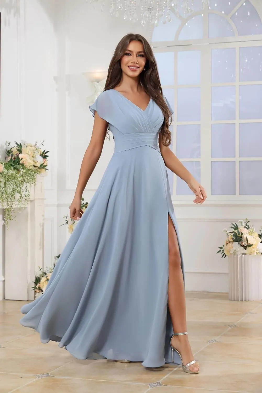 Bridesmaid Dresses with Sleeves for Women V-Neck Pleated A-Line Chiffon Formal Evening Gown with Slit