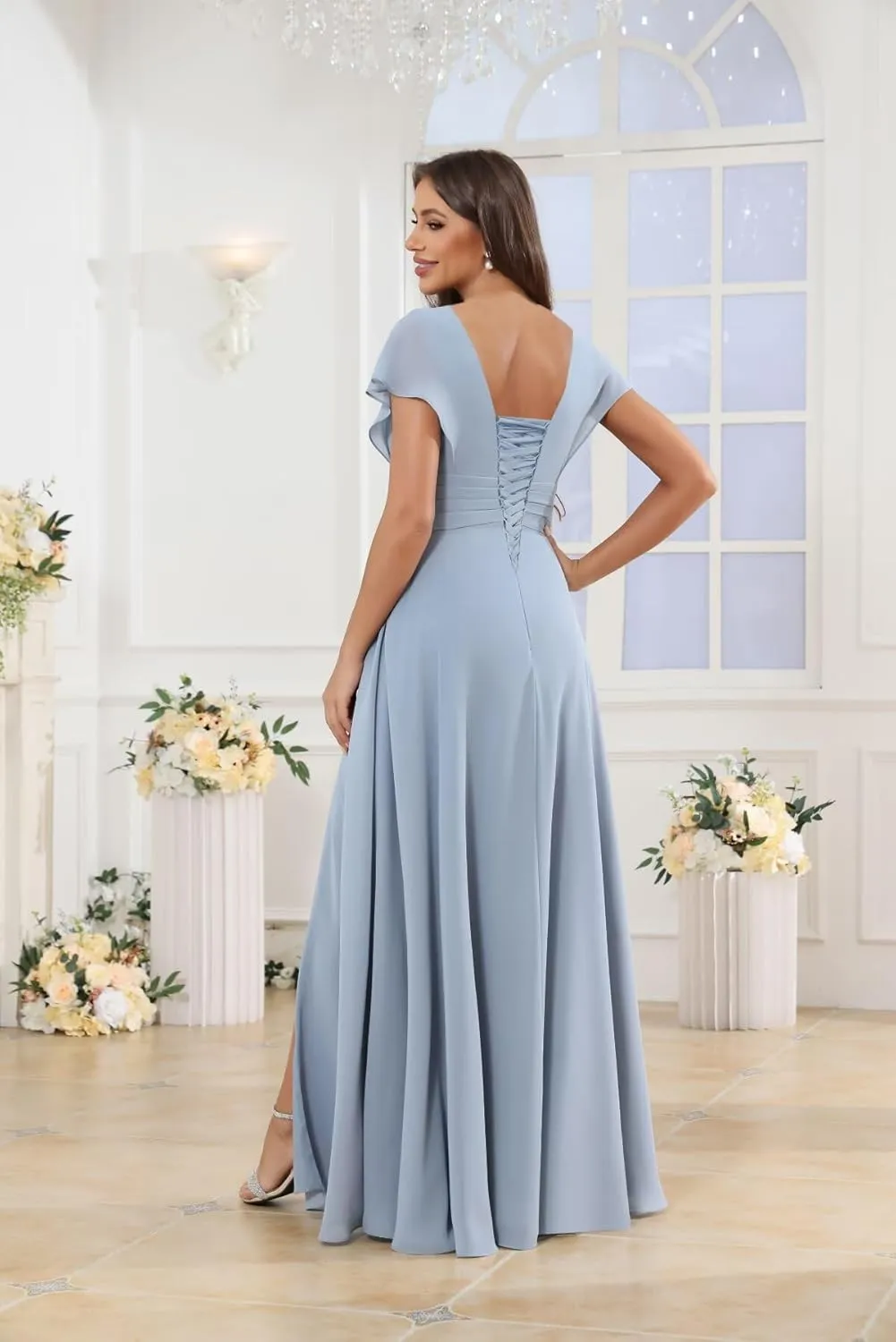 Bridesmaid Dresses with Sleeves for Women V-Neck Pleated A-Line Chiffon Formal Evening Gown with Slit
