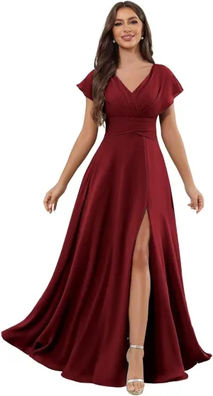 Bridesmaid Dresses with Sleeves for Women V-Neck Pleated A-Line Chiffon Formal Evening Gown with Slit