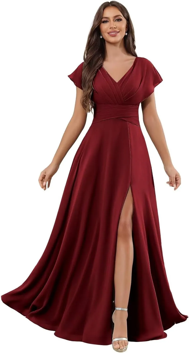 Bridesmaid Dresses with Sleeves for Women V-Neck Pleated A-Line Chiffon Formal Evening Gown with Slit