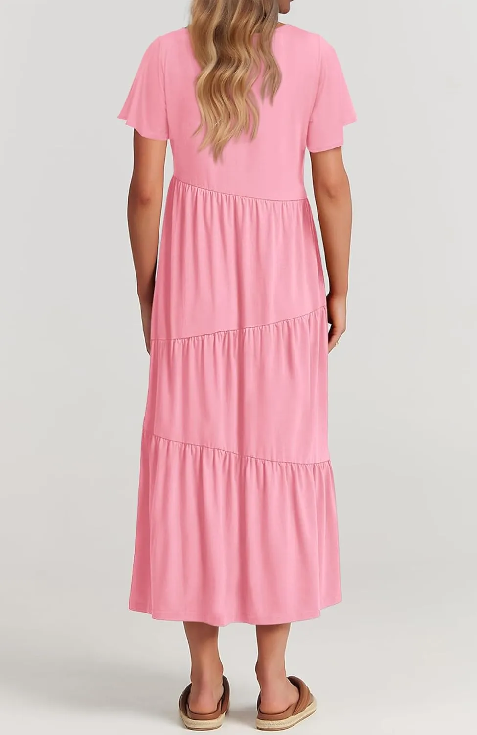 BTFBM Women Summer Casual Short Sleeve Dresses Crewneck Solid Color Maxi Dress Wedding Guest Dresses with Pockets