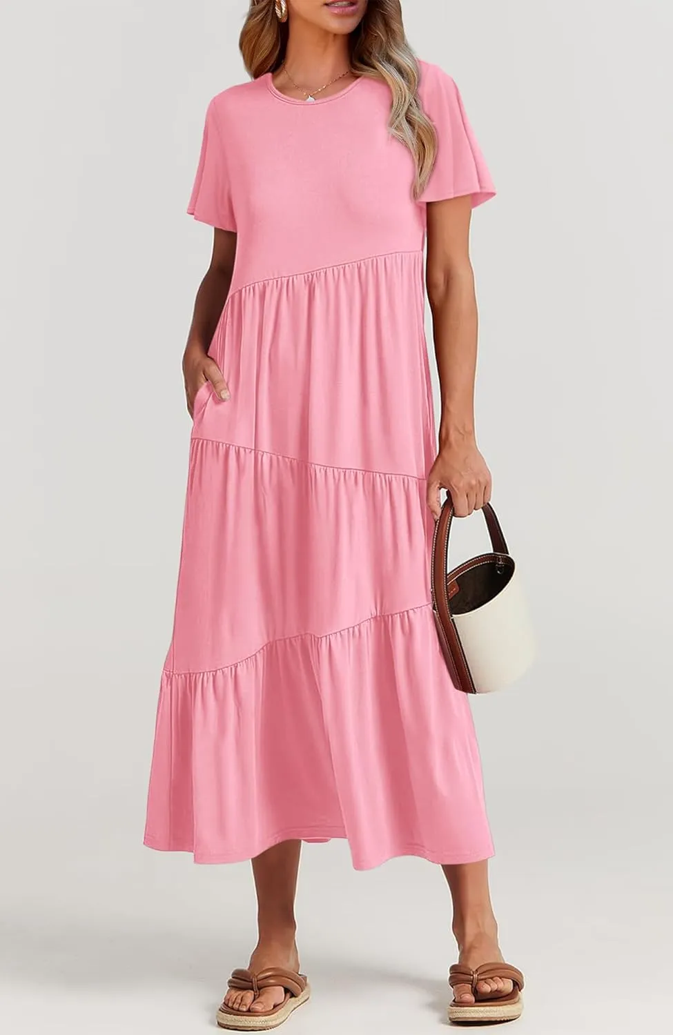 BTFBM Women Summer Casual Short Sleeve Dresses Crewneck Solid Color Maxi Dress Wedding Guest Dresses with Pockets