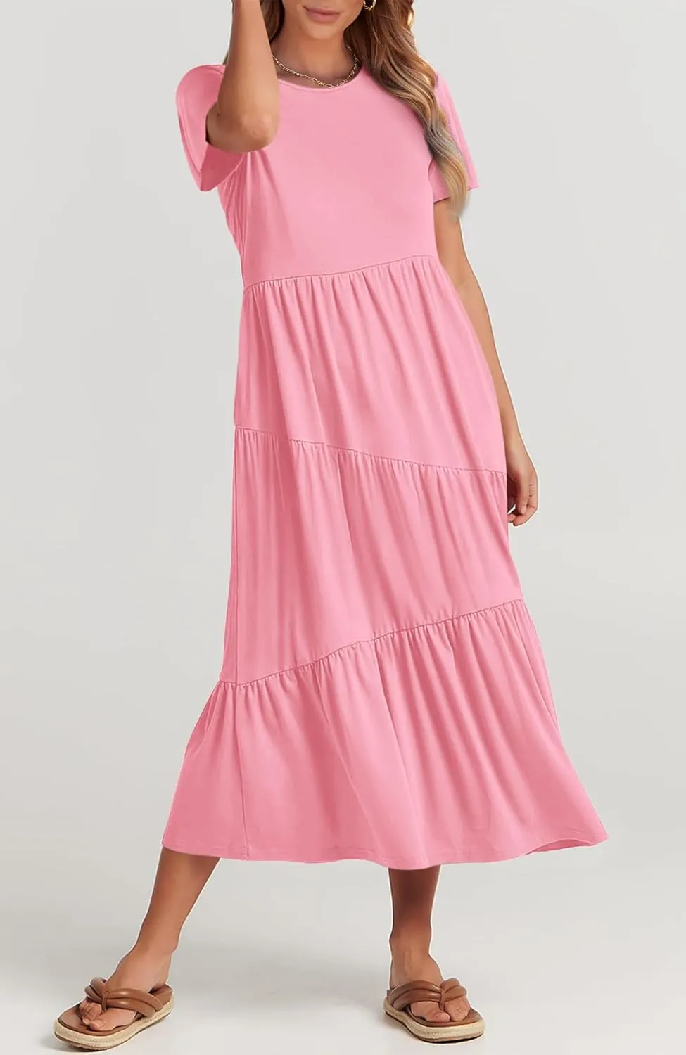 BTFBM Women Summer Casual Short Sleeve Dresses Crewneck Solid Color Maxi Dress Wedding Guest Dresses with Pockets