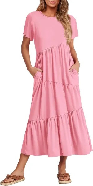 BTFBM Women Summer Casual Short Sleeve Dresses Crewneck Solid Color Maxi Dress Wedding Guest Dresses with Pockets