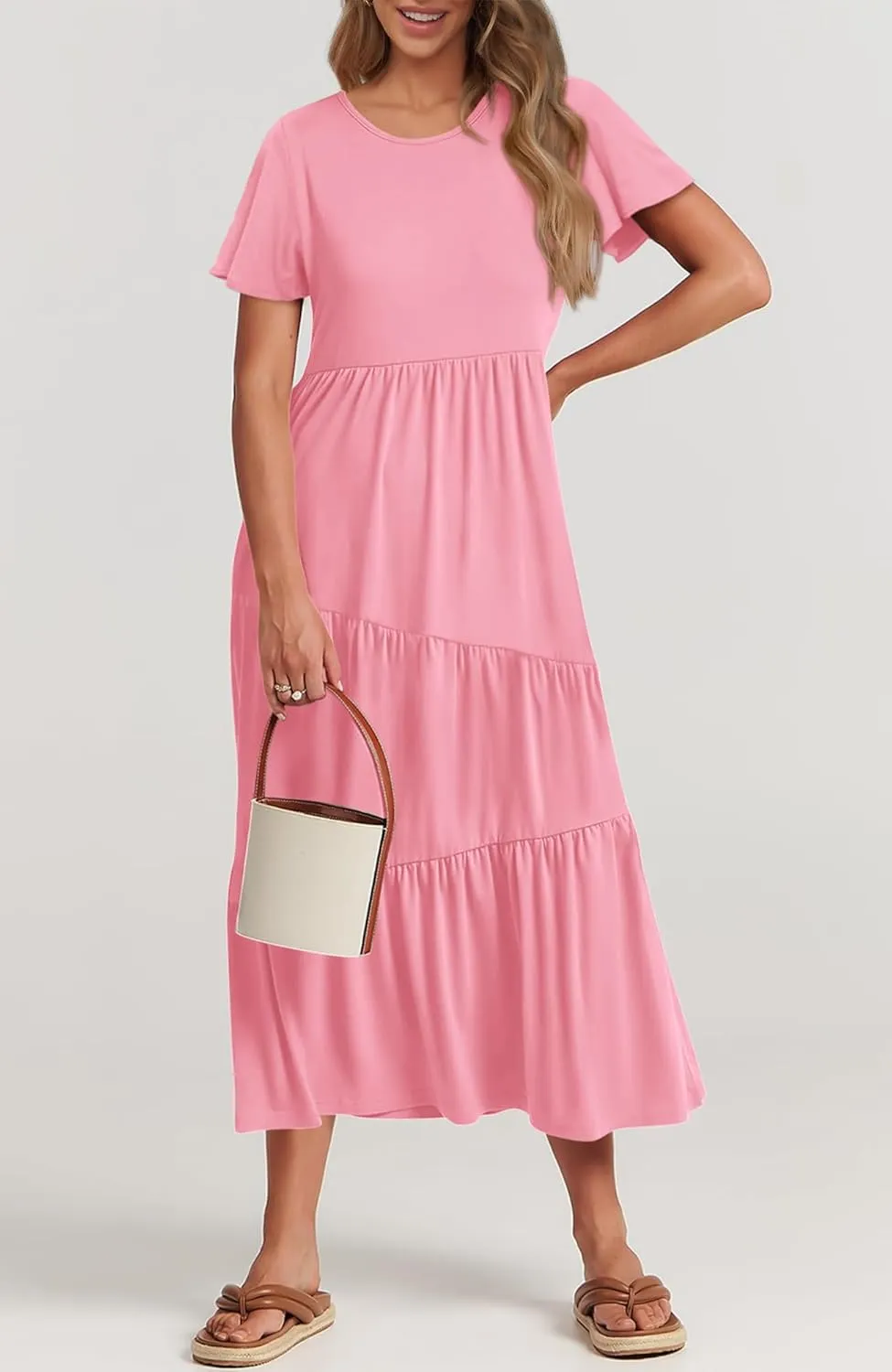 BTFBM Women Summer Casual Short Sleeve Dresses Crewneck Solid Color Maxi Dress Wedding Guest Dresses with Pockets