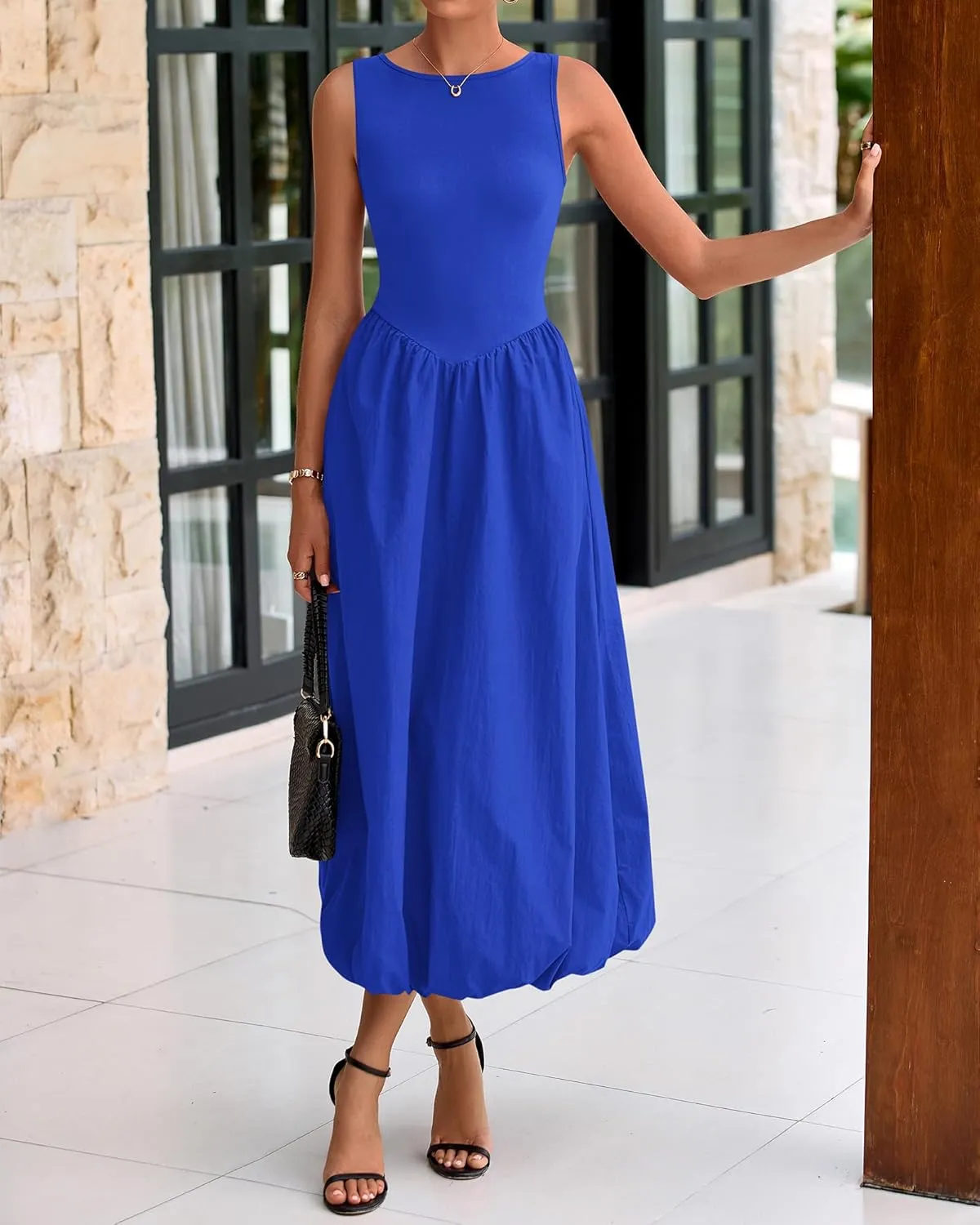BTFBM Women's 2025 Summer Casual Sleeveless Midi Dress Patchwork Knit Tank Bubble Long Flowy Beach Maxi Sundress Pockets