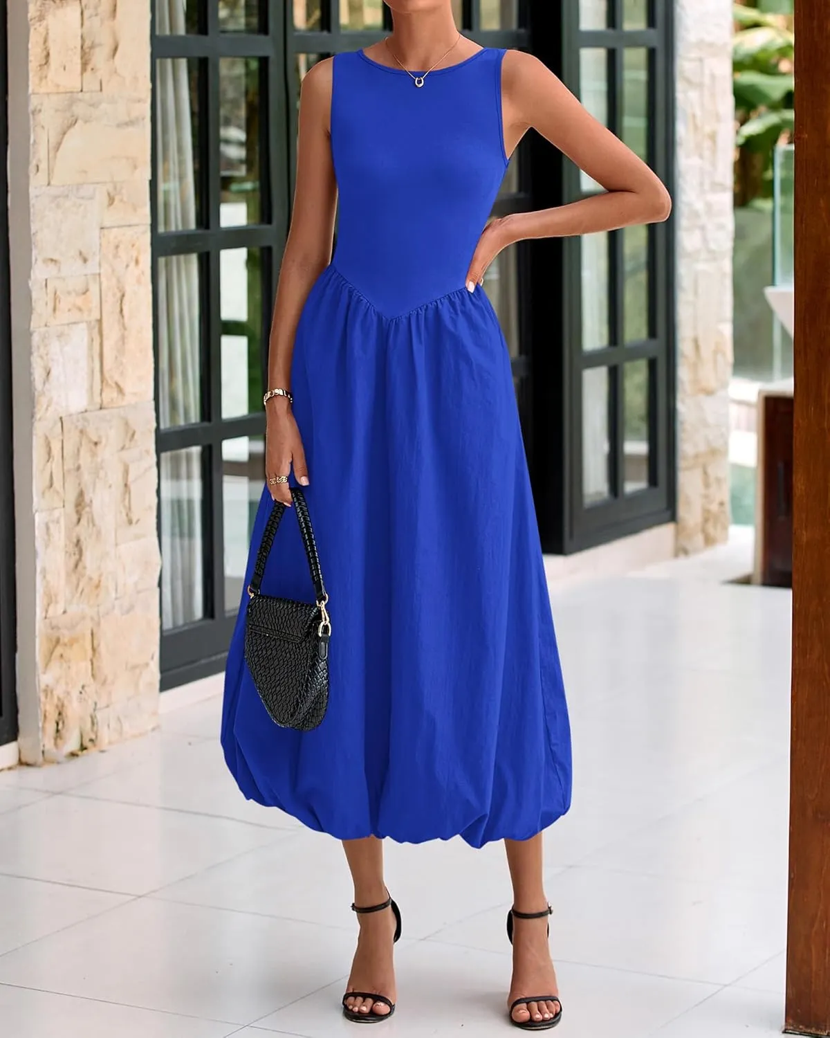 BTFBM Women's 2025 Summer Casual Sleeveless Midi Dress Patchwork Knit Tank Bubble Long Flowy Beach Maxi Sundress Pockets