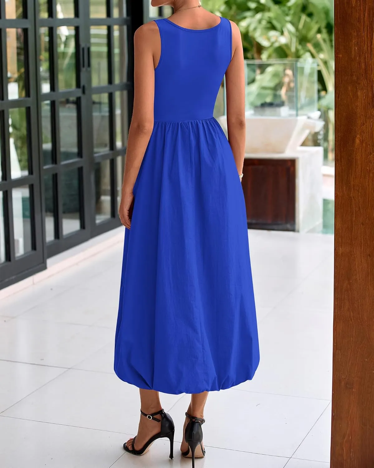 BTFBM Women's 2025 Summer Casual Sleeveless Midi Dress Patchwork Knit Tank Bubble Long Flowy Beach Maxi Sundress Pockets