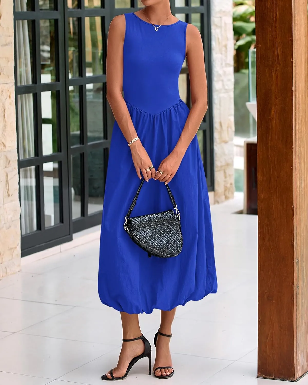 BTFBM Women's 2025 Summer Casual Sleeveless Midi Dress Patchwork Knit Tank Bubble Long Flowy Beach Maxi Sundress Pockets