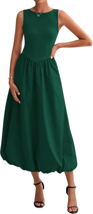 BTFBM Women's 2025 Summer Casual Sleeveless Midi Dress Patchwork Knit Tank Bubble Long Flowy Beach Maxi Sundress Pockets