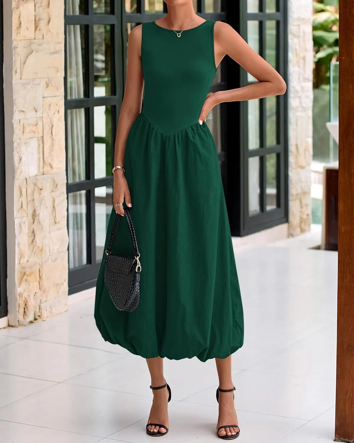 BTFBM Women's 2025 Summer Casual Sleeveless Midi Dress Patchwork Knit Tank Bubble Long Flowy Beach Maxi Sundress Pockets