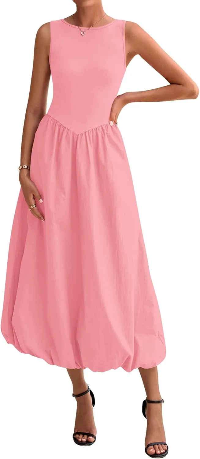 BTFBM Women's 2025 Summer Casual Sleeveless Midi Dress Patchwork Knit Tank Bubble Long Flowy Beach Maxi Sundress Pockets
