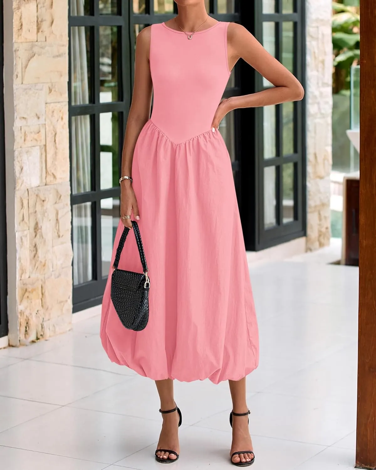 BTFBM Women's 2025 Summer Casual Sleeveless Midi Dress Patchwork Knit Tank Bubble Long Flowy Beach Maxi Sundress Pockets