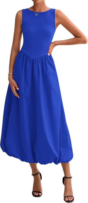 BTFBM Women's 2025 Summer Casual Sleeveless Midi Dress Patchwork Knit Tank Bubble Long Flowy Beach Maxi Sundress Pockets